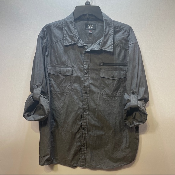 ROCK & REPUBLIC Mens XXL Button Up Shirt Gray Chambray Long and Roll Tab Sleeves - Picture 1 of 9